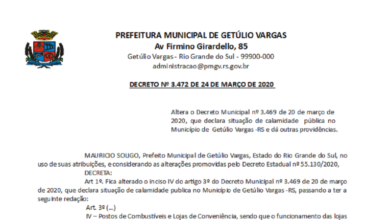 Decreto 3472 Altera o Decreto 3469 que declara situação de calamidade pública COVID-19