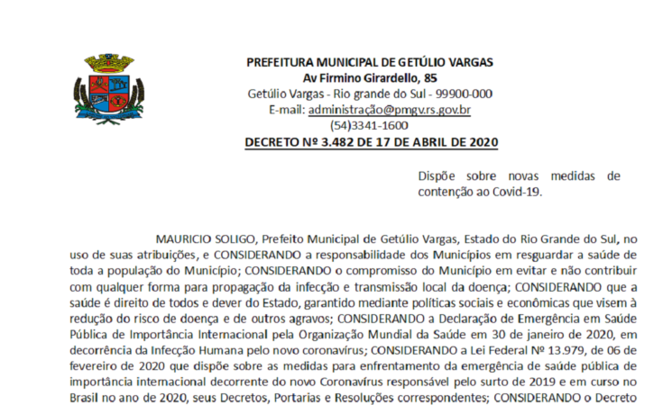 Novo decreto do Governo Municipal permite a bertura do comércio em Getúlio Vargas - Decreto 3482 COVID