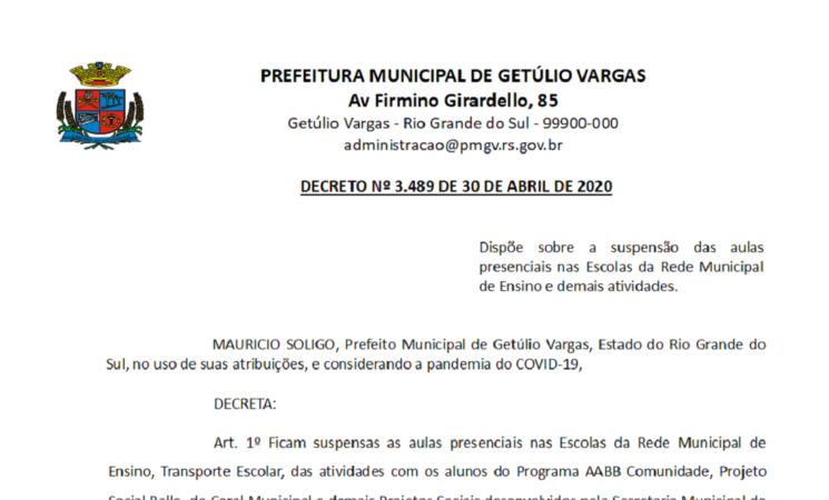 Decreto 3489 suspensão das aulas presenciais nas Escolas da Rede Municipal de Ensino e demais atividades