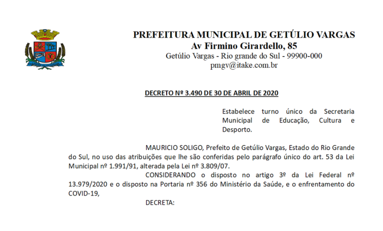 Decreto 3490 turno único educação