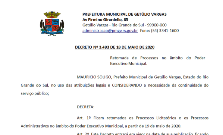 Decreto 3493 Retomada de Processos no âmbito do Poder Executivo Municipal