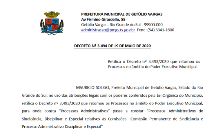 Decreto 3494 Retifica o Decreto 3493 2020 que retomou os Processos no âmbito do Poder Executivo Municipal