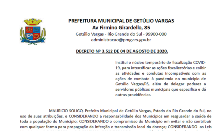 Decreto 3512 Institui o núcleo temporário de fiscalização COVID-19