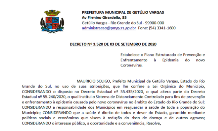 Decreto 3520 Estabelece o Plano Estruturado de Prevenção e Enfrentamento à Epidemia do novo Coronavírus.