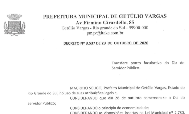 Decreto 3.537 - Transfere Ponto Facultativo dia do Servidor Público