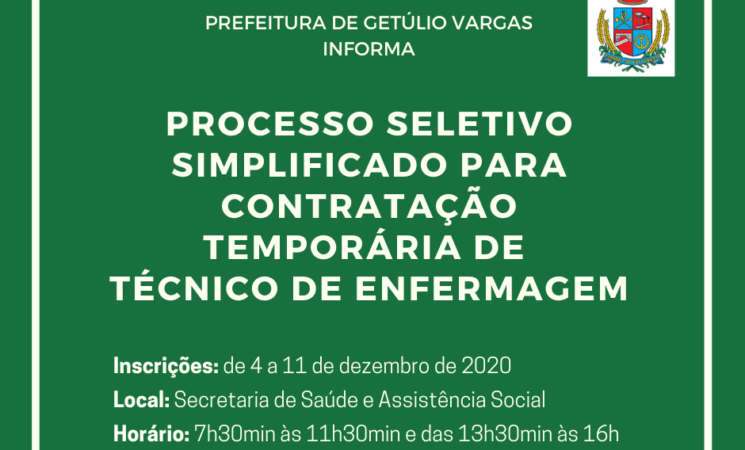 Prefeitura de Getúlio Vargas realiza Processo Seletivo Simplificado para Contratação de Técnico de Enfermagem