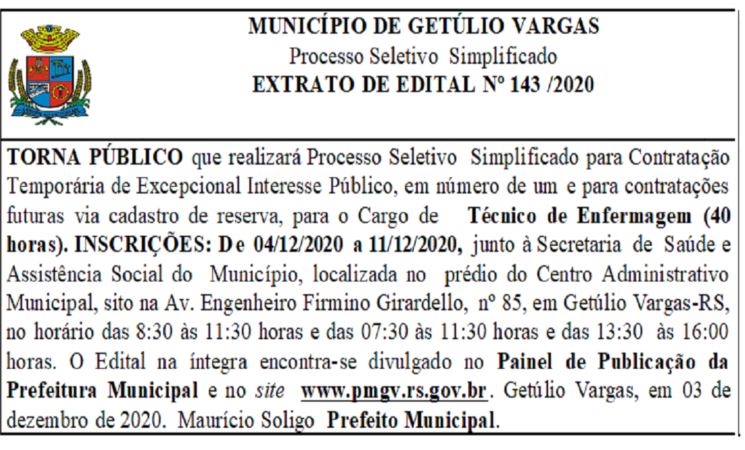 EDITAL 143 /2020 Processo Seletivo -Técnico de Enfermagem