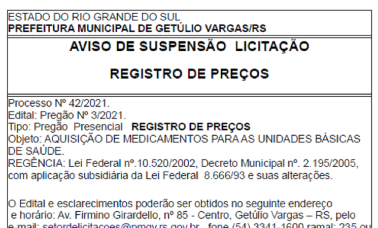 AVISO DE SUSPENSÃO LICITAÇÃO