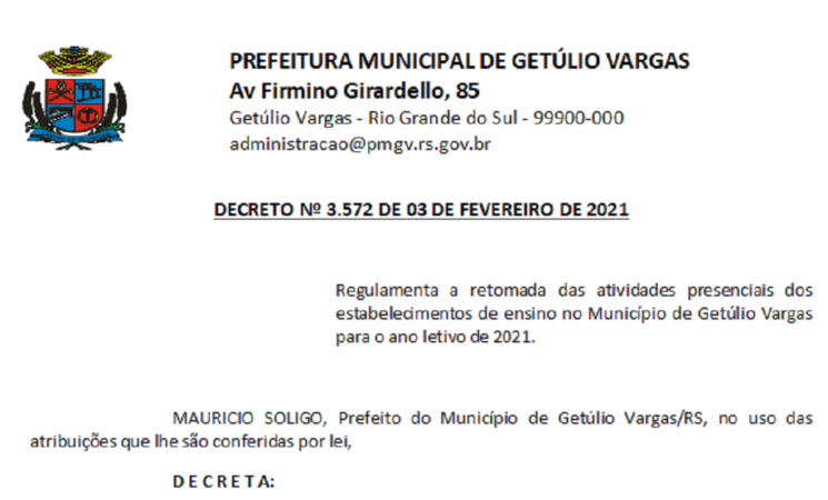 Deceto 3.572 - 2021 Retorno atividades presenciais - volta às aulas