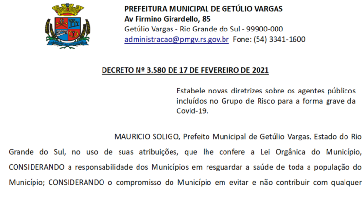 DECRETO 3.580 Estabelece novas diretrizes sobre os agentes públicos incluídos no Grupo de Risco para a forma grave da Covid-19