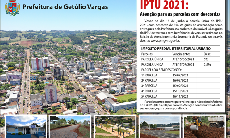 Prefeitura de Getúlio Vargas divulga vencimentos do IPTU 2021