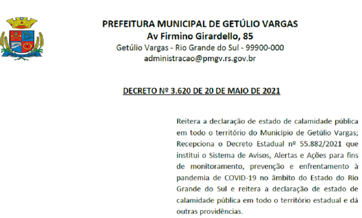 Decreto 3.620  INSTITUI o Sistema de Alertas Município 20 de maio 2021