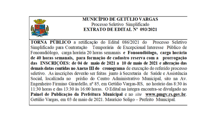 EDITAL 093/2021 -Retifica o Edital 086-2021 do Processo Seletivo -  Fonoaudiólogo