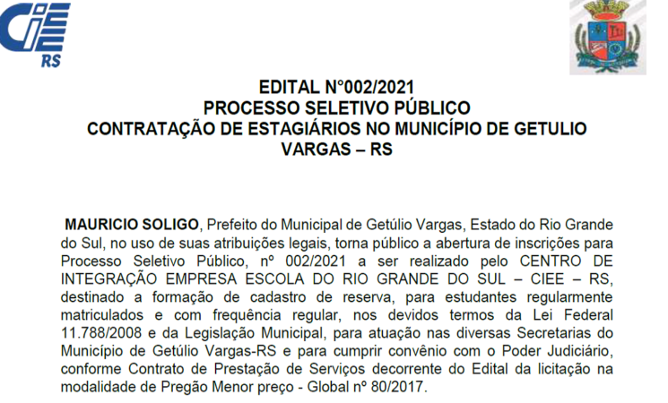 PROCESSO SELETIVO-CONTRATAÇÃO DE ESTAGIÁRIOS NO MUNICÍPIO DE GETULIO