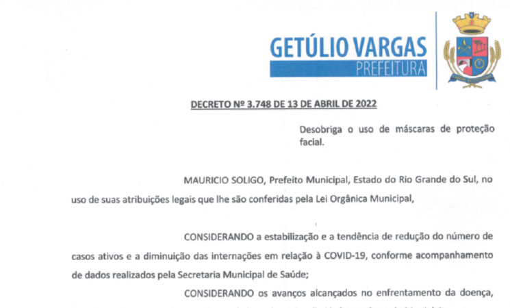 Decreto 3.748 desobriga o uso de máscara de proteção facial