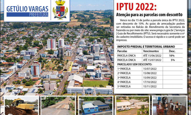 Prefeitura de Getúlio Vargas informa vencimentos do IPTU 2022