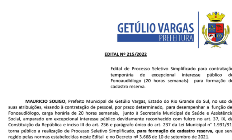 Edital de Processo Seletivo Simplificado para contratação temporária de excepcional  de Fonoaudiólogo