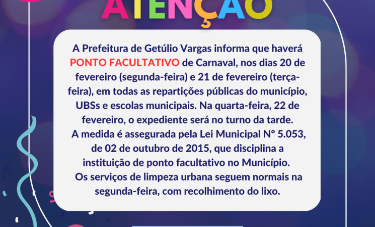 Repartições públicas municipais terão ponto facultativo no Carnaval