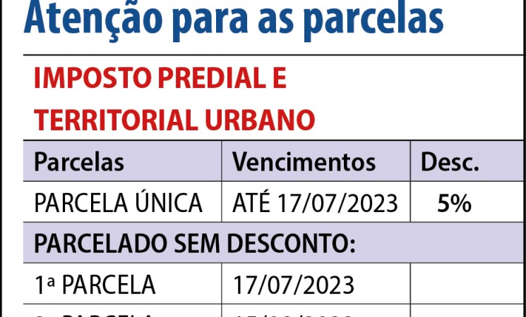 Parcela única do IPTU 2023 com 5% dedesconto vence no dia 17 de julho