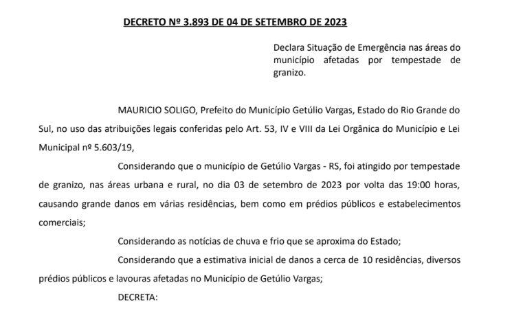 DECRETO No 3.893 DE 04 DE SETEMBRO DE 2023 - Declara Situação de Emergência