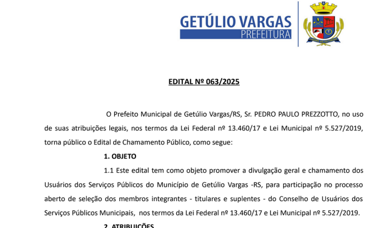 Prefeitura de Getúlio Vargas abre inscrições para o Conselho de Usuários dos Serviços Públicos