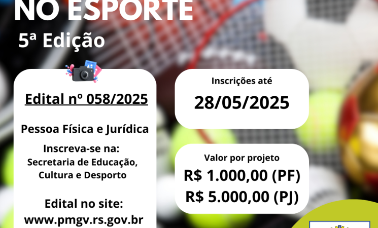 Edital destina recursos do Fundo Municipal de Desporto para projetos de pessoas físicas e jurídicas; prazo segue até 28 de maio