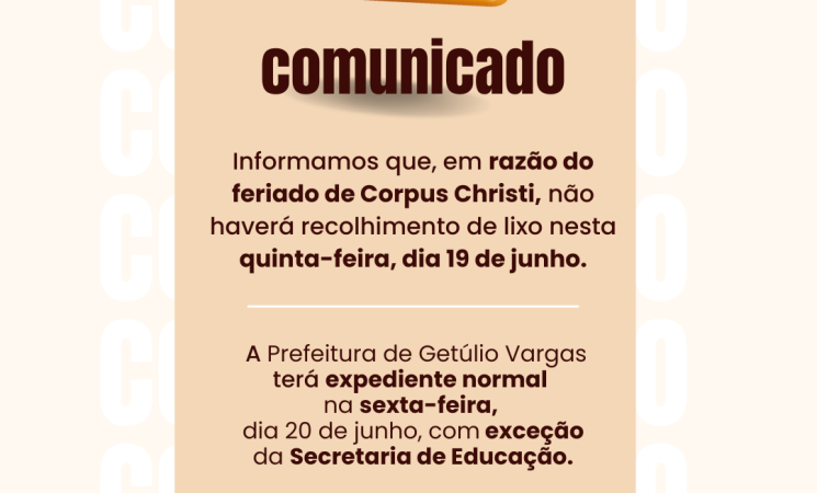 Expediente normal na Prefeitura após o feriado de Corpus Christi