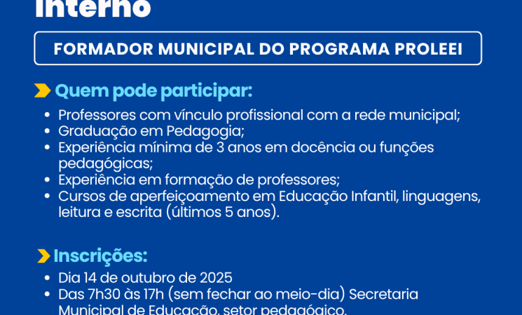 Prefeitura abre chamada pública para Formador(a) Municipal do Programa ProLEEI