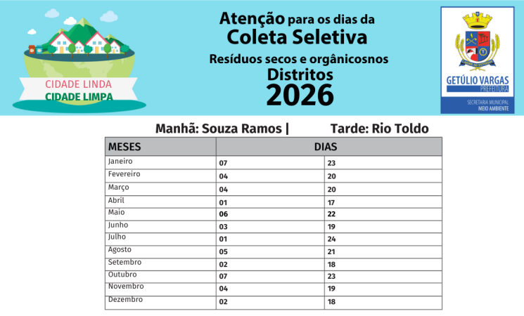 Município divulga calendário da coleta seletiva nos distritos para 2026