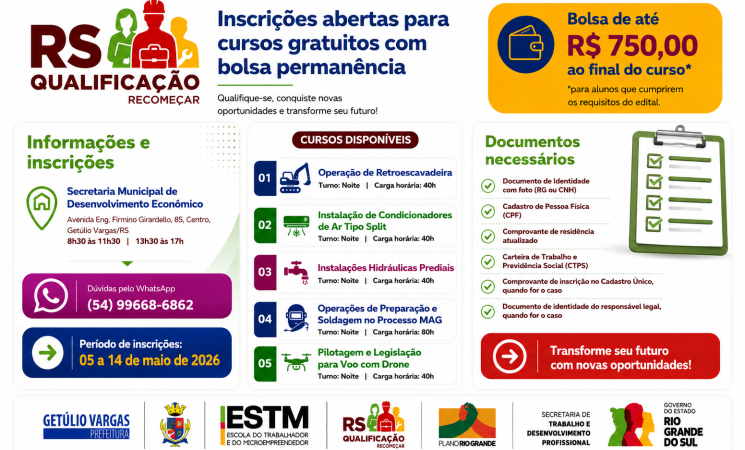 Getúlio Vargas abre inscrições para vagas remanescentes em cursos gratuitos de qualificação profissional