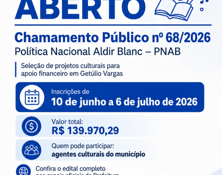 Prefeitura de Getúlio Vargas abre edital da Política Nacional Aldir Blanc com mais de R$ 139 mil para projetos culturais