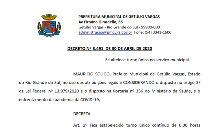 Decreto 3491 Estabelece turno único no serviço municipal