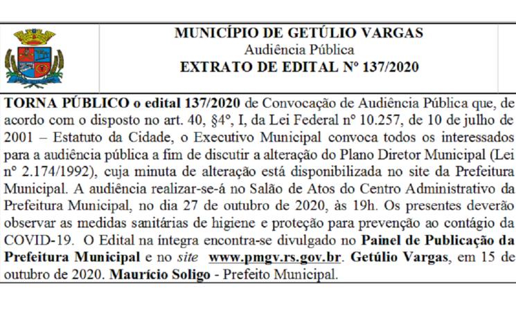 Edital 137/2020 de Convocação de Audiência Pública