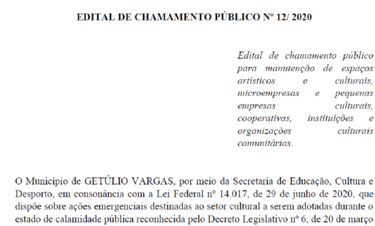 EDITAL DE CHAMAMENTO PÚBLICO Nº 12/ 2020
