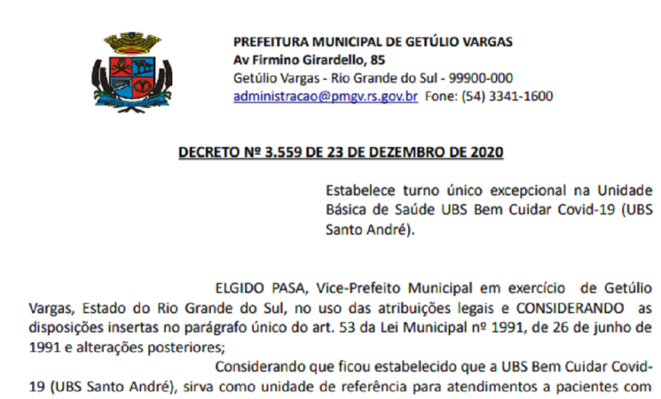 Decreto 3559 Estabelece turno único excepcional na Unidade Básica de Saúde UBS Bem cuidar Covid-19 (UBS Santo André).