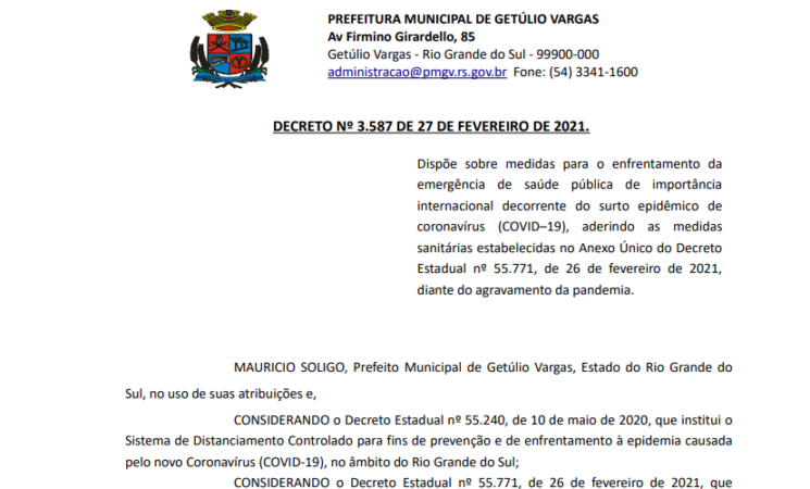 Governo Municipal edita novo decreto aderindo ao decreto do Governo do Estado do RS
