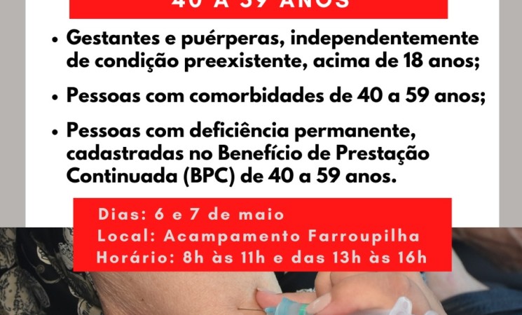Getúlio Vargas estende vacinação de pessoas com comorbidades e beneficiários do BPC a partir de 40 anos iniciando nesta quarta-feira