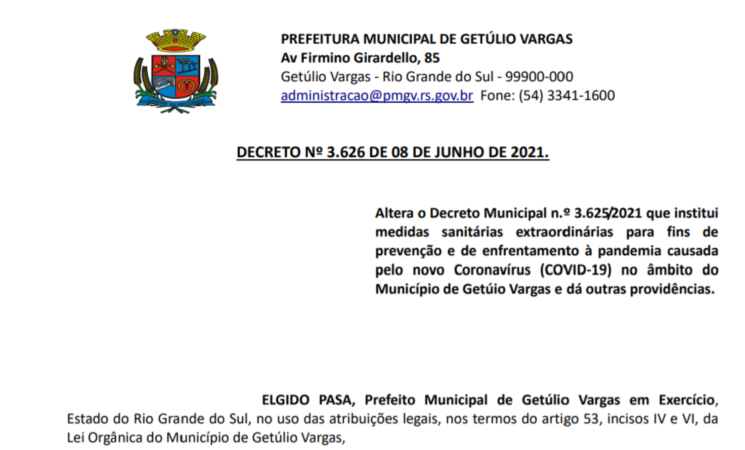 Decreto Municipal 3.626 Alterações Protocolos Covid 08-06-2021