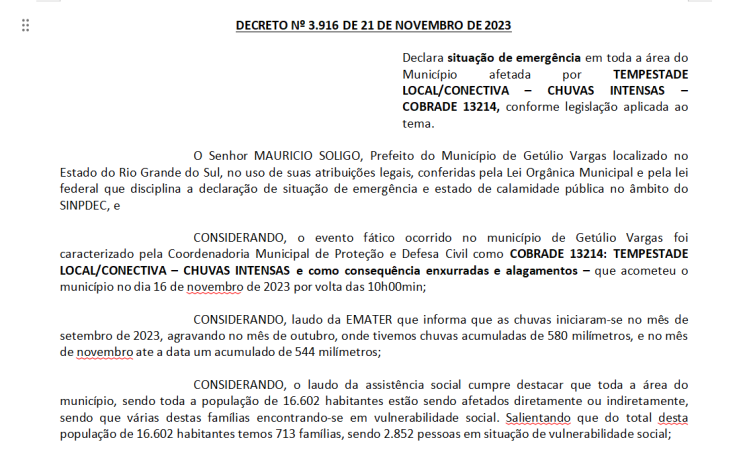 Decreto 3.916 Declara situação de emergência em toda a área do Município afetada por TEMPESTADE