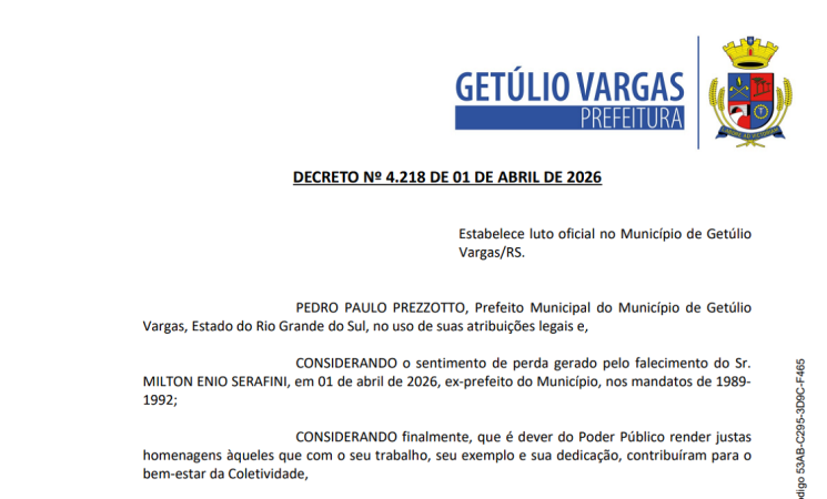 DECRETO 4.218 - Estabelece luto oficial no Município de Getúlio